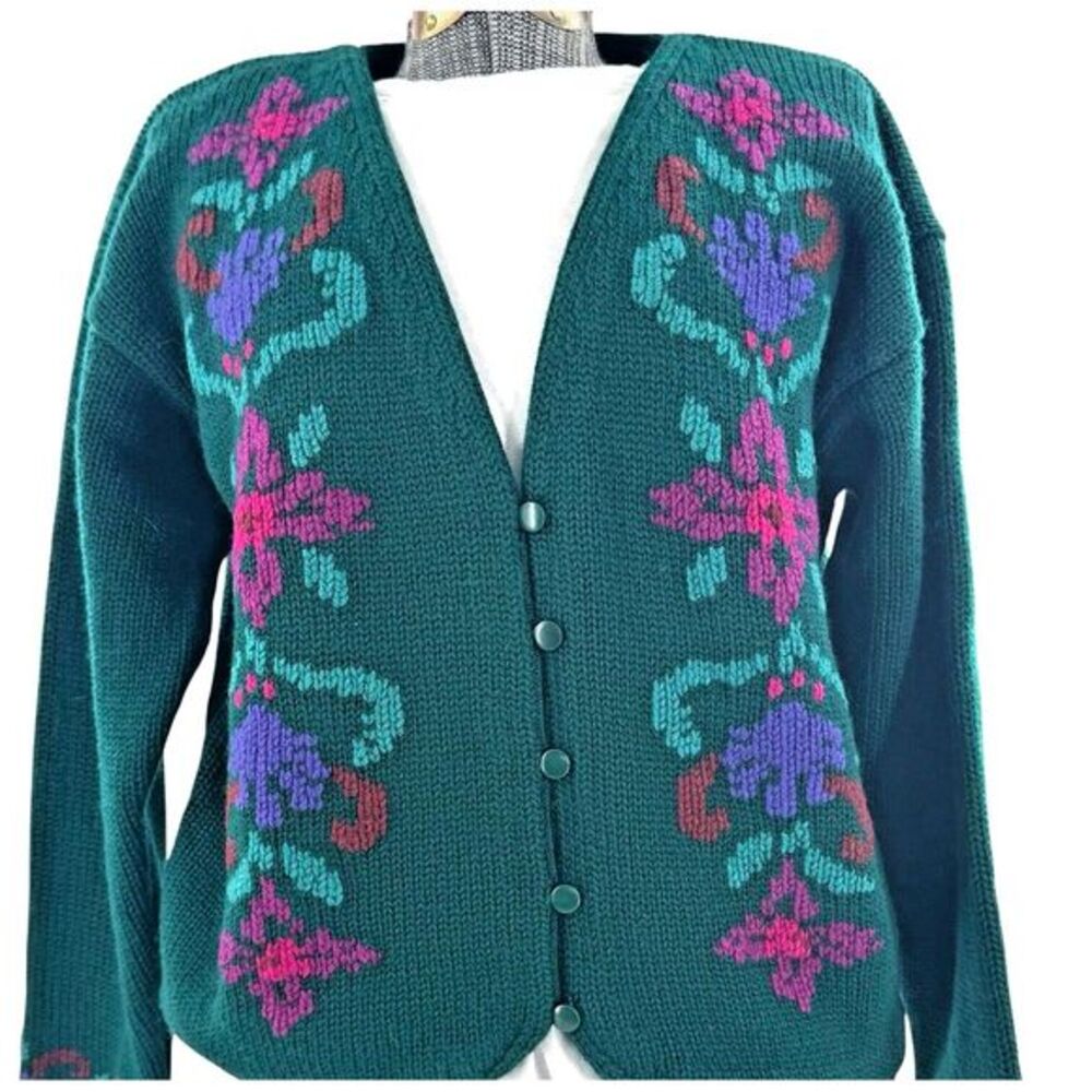 Vintage‎ 90's Eddie Bauer Floral Wool Cardigan Long Sleeve Green Women's Large
